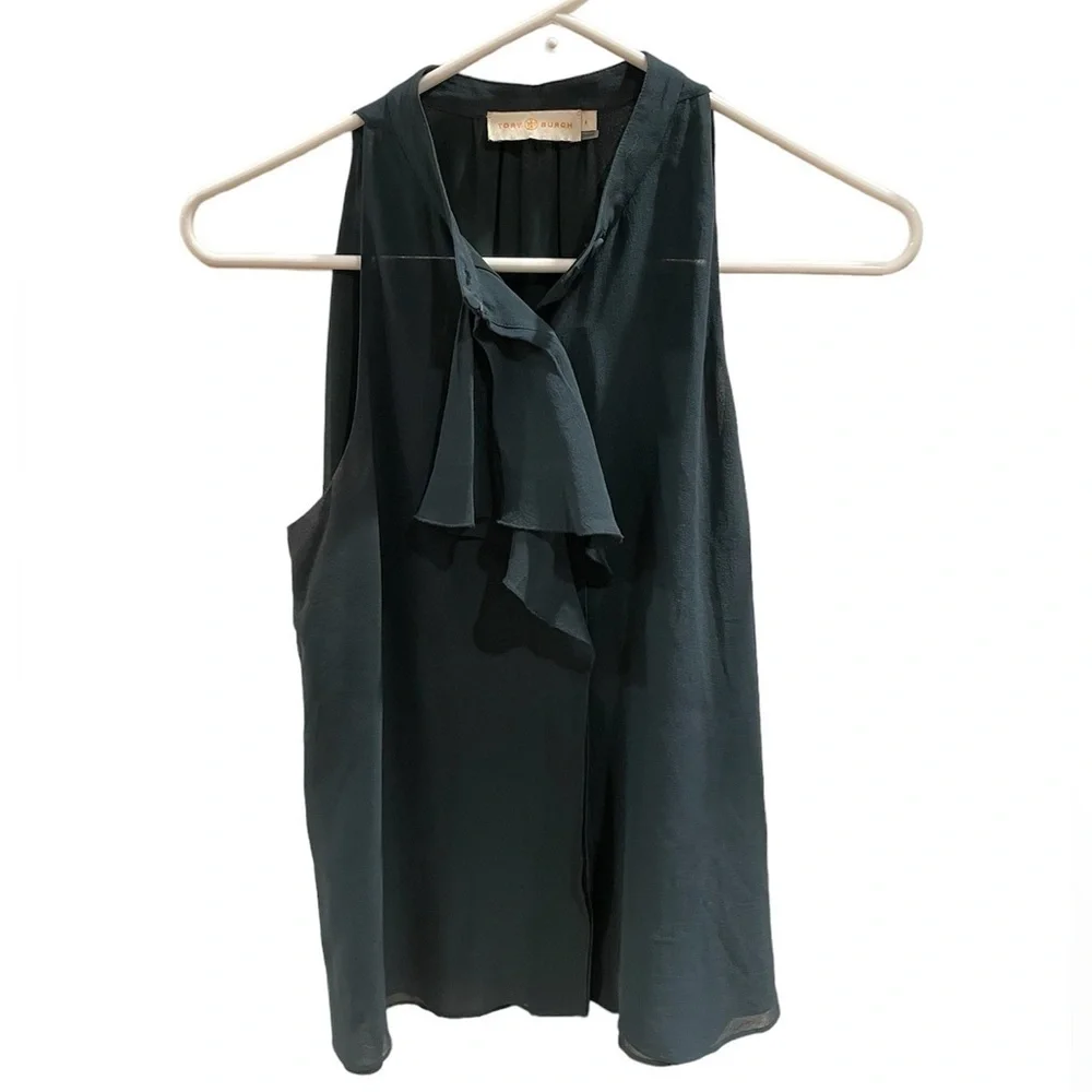 Tory Burch Ruffle Button Up Sleeveless Blouse
